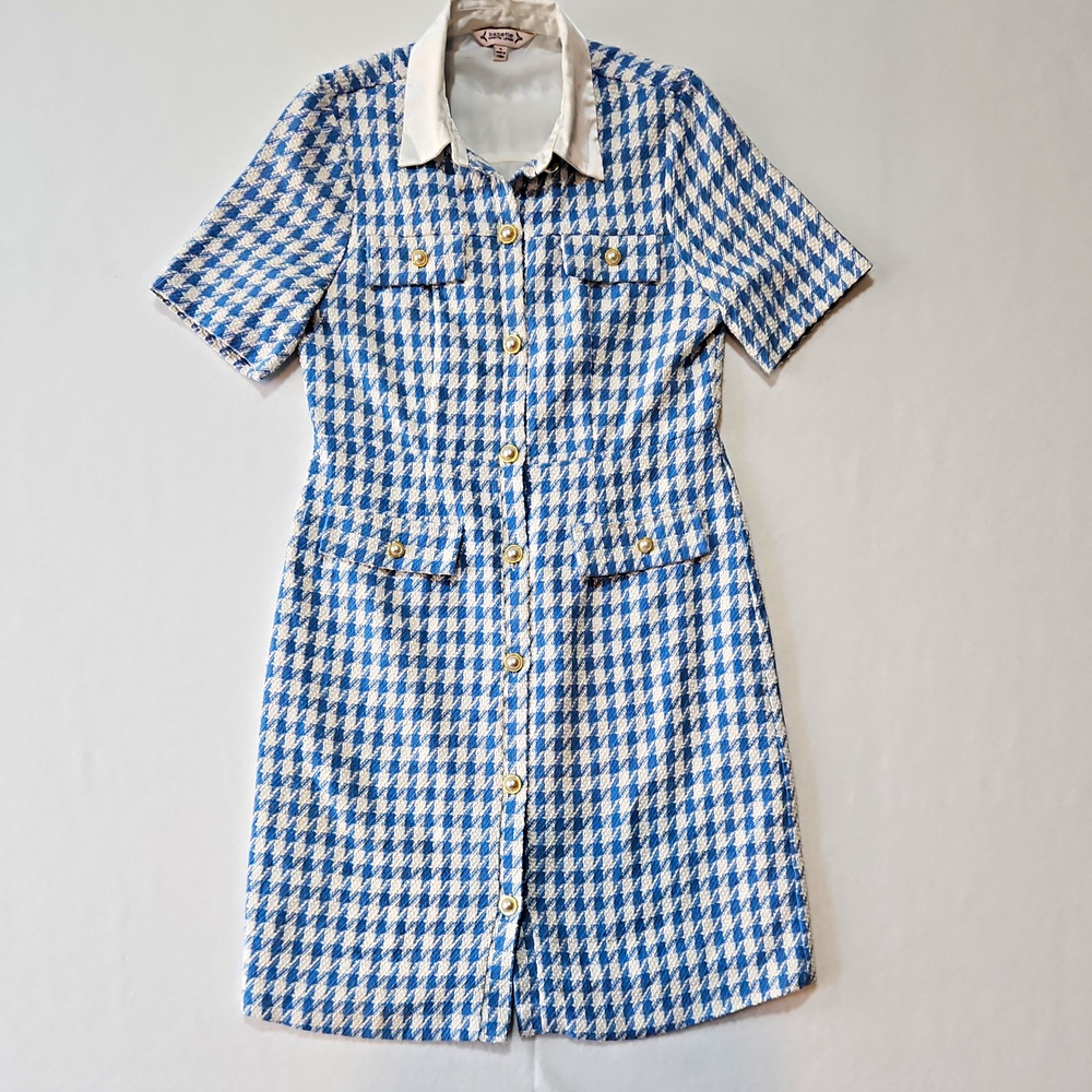 Nanette Lepore Blue White Houndstooth Tweed Shirt Dress 4 Button Lined Pockets